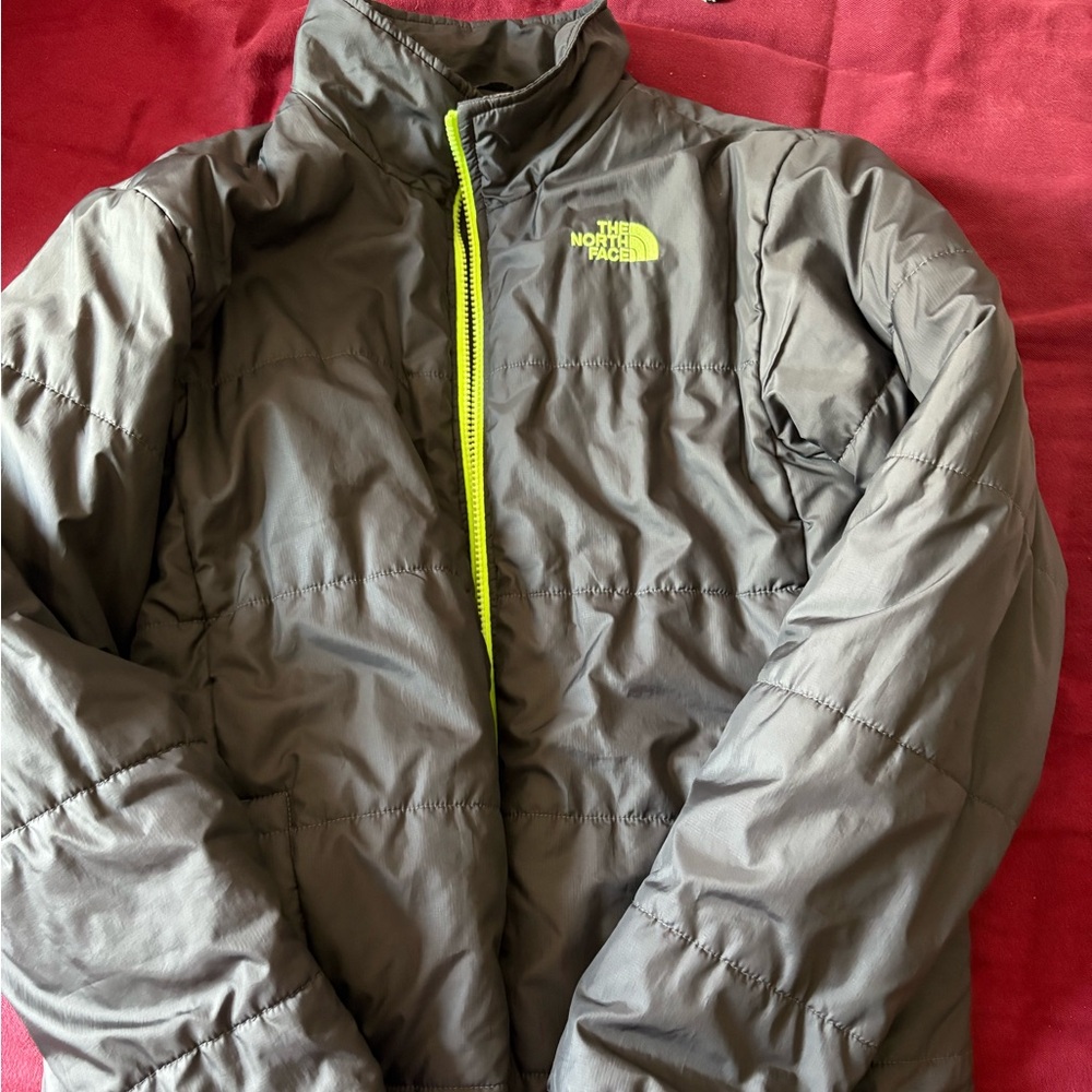 The North Face Kids Gray Puffer Jacket with Neon Accents